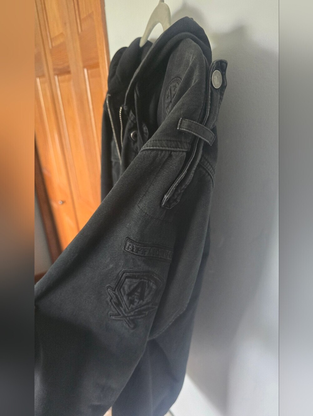 RARE VTG Affliction hybrid hooded denim jacket Mens 2X Full-zip, Black, Y2K - Picture 9 of 16